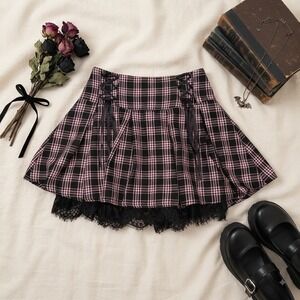 Hot Topic Pink Black Plaid Lace Trim Pleated Mini Skirt Mall Goth‎ Punk SM